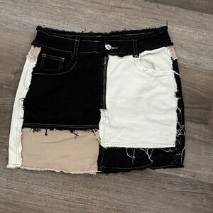 Patchwork Distressed Denim Mini Skirt - Black, White & Beige